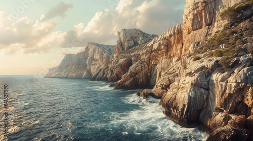 Seaside Cliffs Dramatic cliffs overlooking a calm sea with waves crashing below, Super cool and nice background, realistic photo stockphoto style