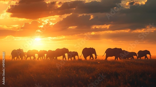 Majestic Elephant Herd Silhouetted Against a Breathtaking Sunset Scenery in the African Savanna