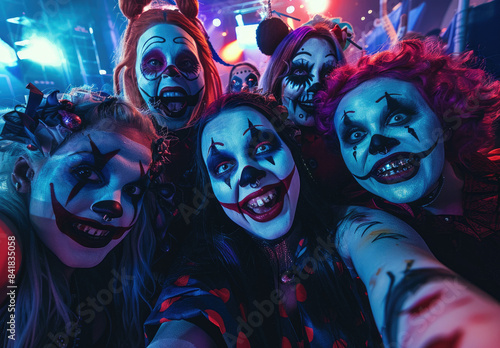 group selfie of happy clowns and gothic women partying in the club, halloween vibe