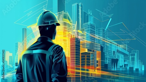 Architectural illustration of a man in a helmet supervising a building construction with a futuristic touch, highlighting advanced design and innovation.