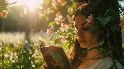 A woman is engrossed in reading a book, surrounded by the peaceful greenery of a sun-dappled forest. A peaceful close-up of a woman reading a book under the dappled light of a tree canopy. AIG50