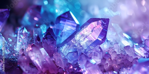 bunch of purple and blue crystals, with a blurry background