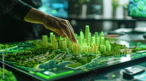 An urban planner interacts with a detailed city model, focusing on sustainable development and green spaces. AIG41