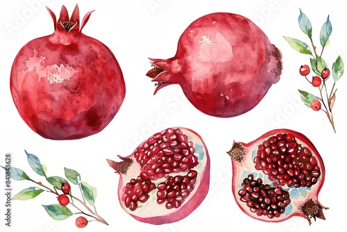 a watercolor painting of pomegranates and leaves on a white background