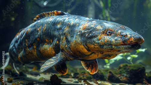 The electric eel, darting through rainforest rivers, uses powerful electric shocks to stun prey. It navigates murky waters, hunting fish and amphibians and avoiding predators.