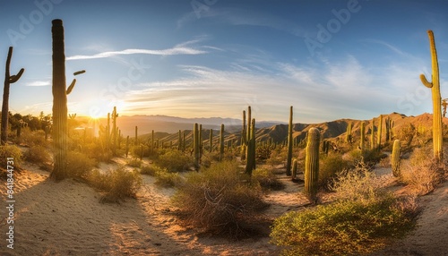 panoramic image over southern california desert with cactus trees during sunset