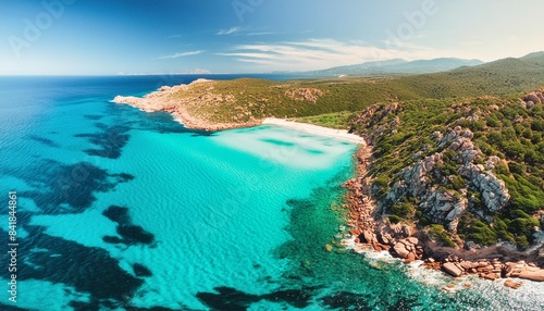 turquoise water and blue sea seen from above in sardinia