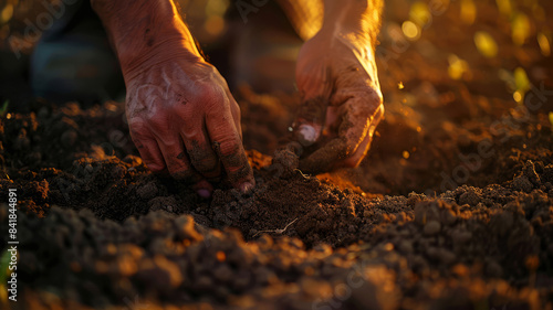 Close-up of a farmer's hands sowing seeds in the soil during sunset, highlighting the texture and warmth.