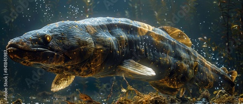 The electric eel, darting through rainforest rivers, uses powerful electric shocks to stun prey. It navigates murky waters, hunting fish and amphibians and avoiding predators.