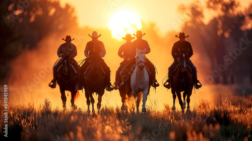 Cowboys ride horses into the sunset, creating striking silhouettes against the vibrant sky.