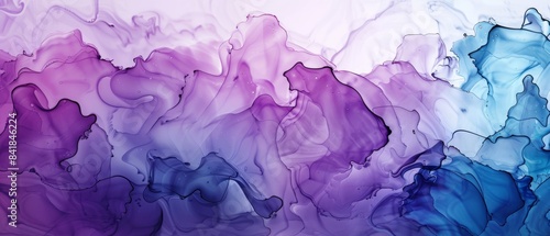 Create fluid art with purple, pink, and blue tones in watercolor and ink for a modern background