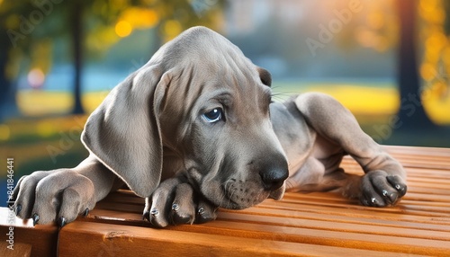 great dane puppy laying on bench looking left