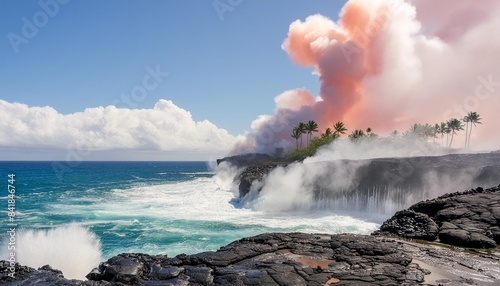 active lava flow volcanic eruption magma touching the ocean in big island kilauea volcano hawaii