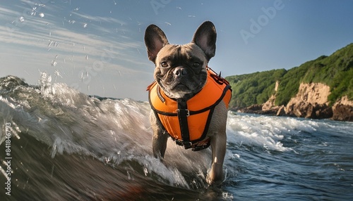 adventurous french bulldog in orange life jacket conquering the waves