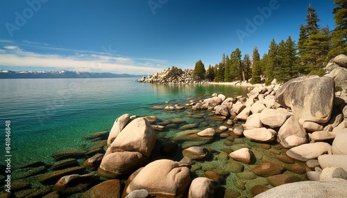 lake tahoe rocky shoreline in sunny day beach with blue sky over clear water