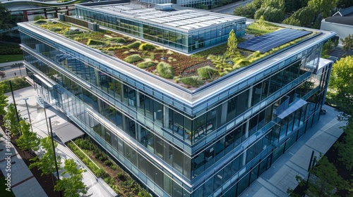 A birds-eye view of a modern glass office building with a green roof and sustainable features