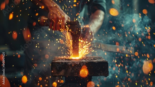 A blacksmith hammers a red-hot metal piece on an anvil, creating a shower of fiery sparks in a metal forge