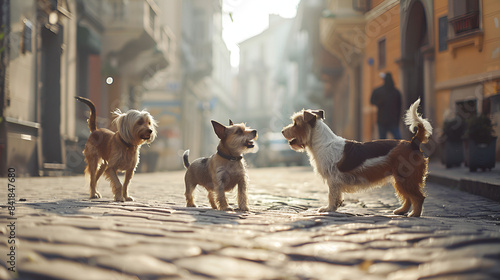 tres perros jugando perros callejeros en la calle en el pavimento entre las casas y edificios disfrutando felices de un dia soleado mascotas domensticos