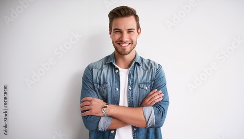 Confident caucasian young man in casual denim clothes