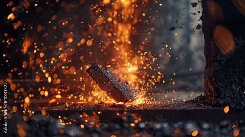 A close-up view of a piece of metal being hammered in a blacksmiths forge, with fiery sparks flying into the air