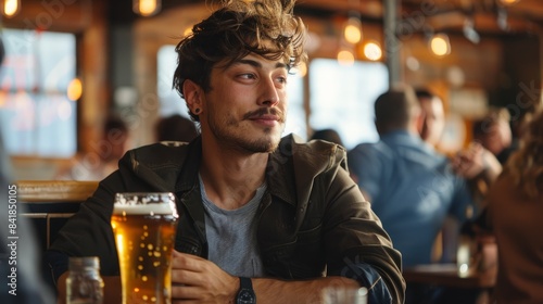 A young man sits at a table in a busy pub, casually holding a glass of beer in his hand. He looks off to the side, taking in the bustling atmosphere