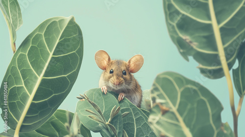 um rato sob grandes folhas verdes sobre fundo azul claro