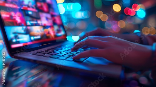 A close-up shot of hands typing on a laptop keyboard with a blurry background displaying a live news broadcast