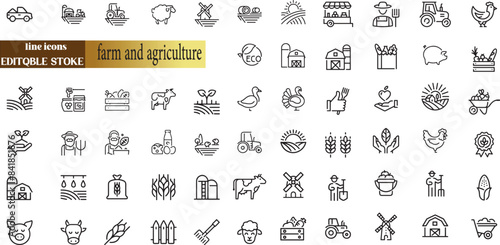 animal, icon, bee, barn, livestock, iconography, pictogram, fish, milk, line, vegetables, horse, fruits, farm, honey, bread, agriculture, meat, set, natural, deer, eco, farming, flour, machine, greenh