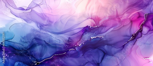 Create fluid art with purple, pink, and blue tones in watercolor and ink for a modern background