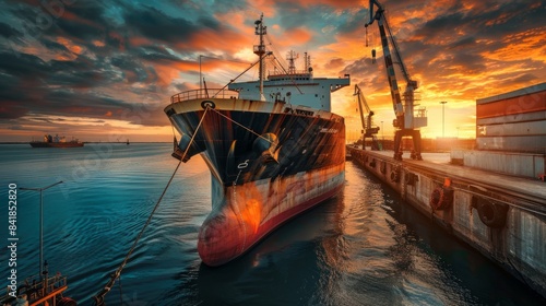 A large bulk carrier vessel is docked at a port, being loaded with raw materials by a crane. The sun is setting in the background, casting a warm glow over the scene