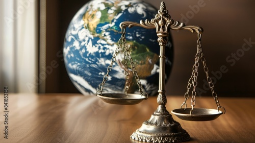 Close-up of a scale of justice resting on a table with a globe in the background