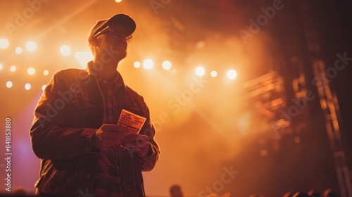 A concertgoer stands in front of a stage with bright lights, holding his ticket in anticipation of the show