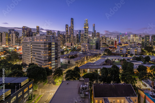 A view of clouds rolling over the Melbourne Skyline at night taken from South Melbourne.