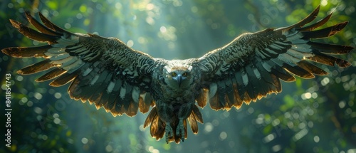 High above the forest, the harpy eagle soars, scanning for prey with sharp eyes. This formidable raptor, with powerful talons and a majestic wingspan, hunts monkeys and sloths.