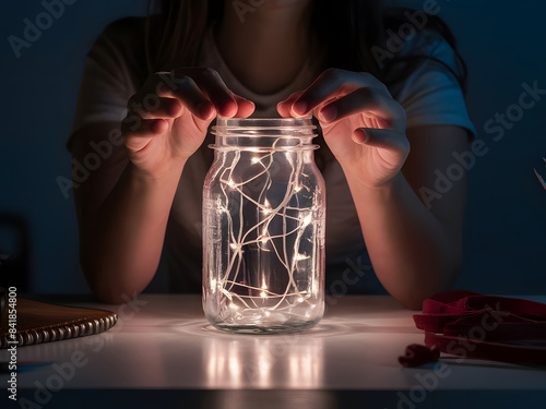 Mujer sostiene frasco de vidrio con luces adentro