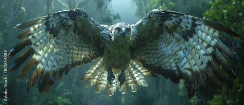 Soaring high above the forest, the harpy eagle's keen eyes search for prey. With formidable talons and a vast wingspan, this apex predator hunts monkeys and sloths in the rainforest.