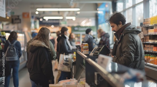 A line of shoppers wait patiently to pay for their purchases at a store cashier. The cashier is out of focus, leaving copyspace on the left side of the image