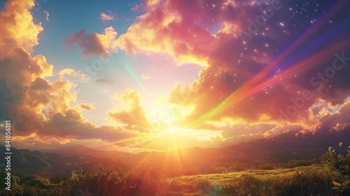 Sunrise over a lush green landscape with vibrant sky and clouds, fantasy scenery, magical nature concept