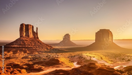 monument valley with its epic rock formations at sunrise between arizona and utah in southwest of usa