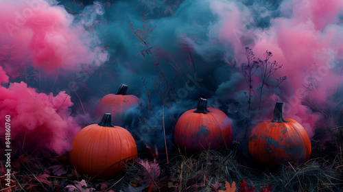 three pumpkins amidst colorful smoke, creating a mysterious and festive atmosphere. Halloween celebrations. contrast of the vibrant smoke against the natural tones of the pumpkins and foliage makes i
