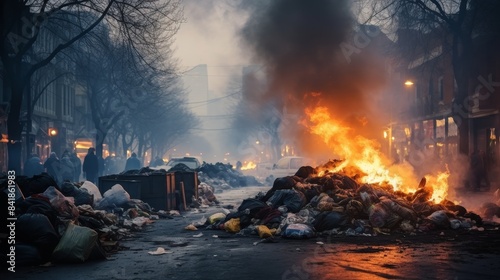 Pile of garbage with smoke on the streets of the city