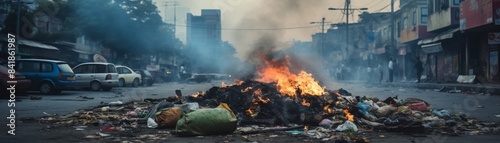 Pile of garbage with smoke on the streets of the city