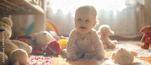A joyful baby in a striped onesie sits on a colorful rug, surrounded by soft toys, basking in warm sunlight filtering through a nearby window.