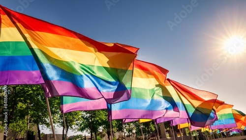 rainbow flags flying in bright sun on the sidelines of a colorful summer gay pride parade