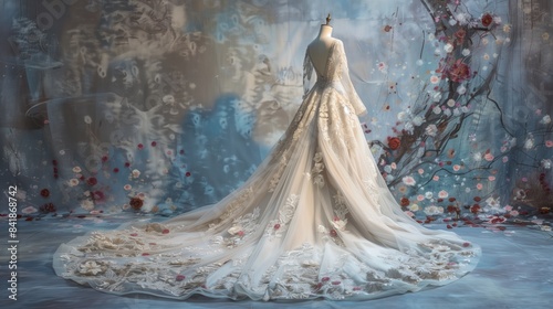 Luxurious wedding dress with floral embroidery and extended train displayed on a mannequin against an artistic textured backdrop.