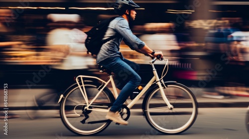 A man rides a bicycle down a busy city street, wearing a helmet and testing the bikes brakes