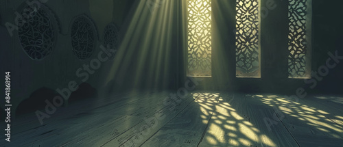 Sunlight streams through intricately designed lattice windows, casting enchanting shadows on the wooden floor of an ancient, serene room.