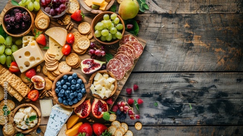 A wooden cutting board filled with an assortment of gourmet cheeses, crackers, fresh fruit, and salami. This delicious spread is perfect for entertaining guests or enjoying a special meal