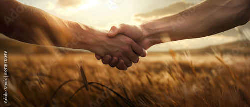 Two individuals shake hands firmly in a sunlit field, symbolizing agreement and partnership in a natural setting.