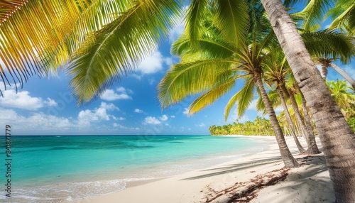 sunny tropical beach with coco palms and the turquoise sea on caribbean island